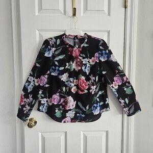 Alex Marie Black Floral Keyhole Blouse with Pink & Blue Flowers